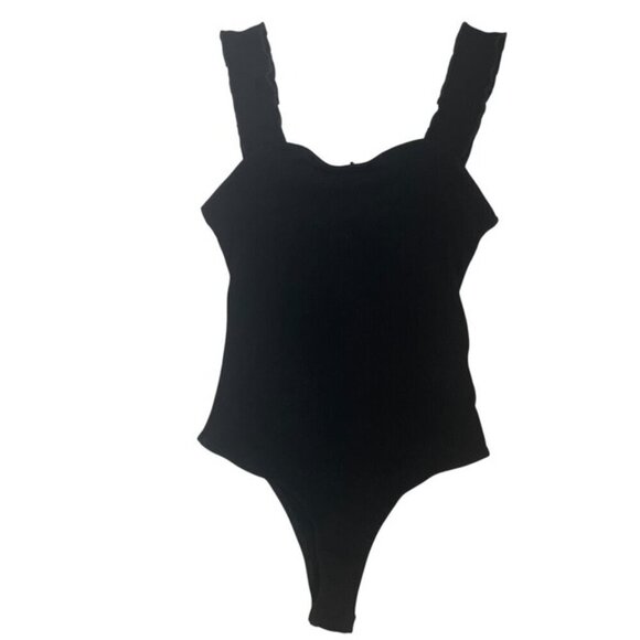 ALYA Ribbed Ruffled Straps Black Bodysuit - Size Large - Picture 3 of 7